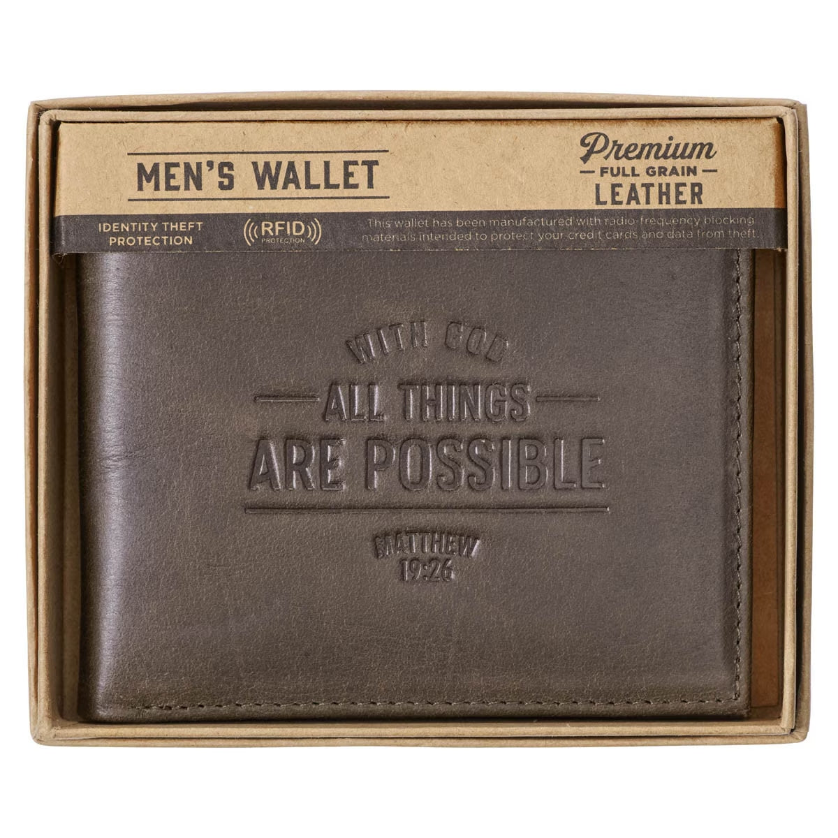 With God All Things Are Possible Brown Genuine Leather Wallet - Matthew 19:26