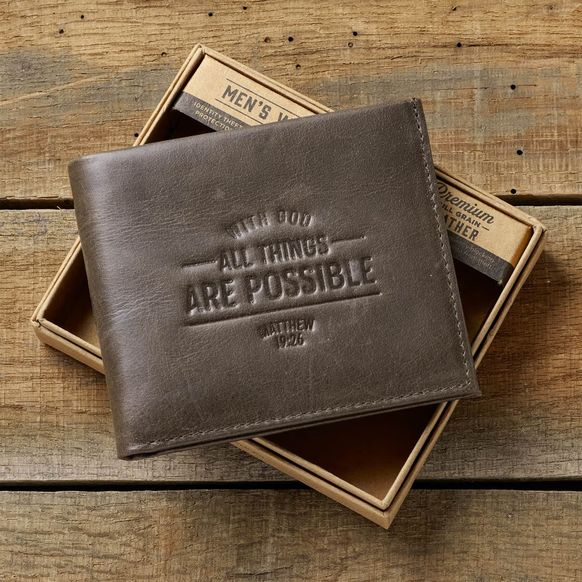 With God All Things Are Possible Brown Genuine Leather Wallet - Matthew 19:26