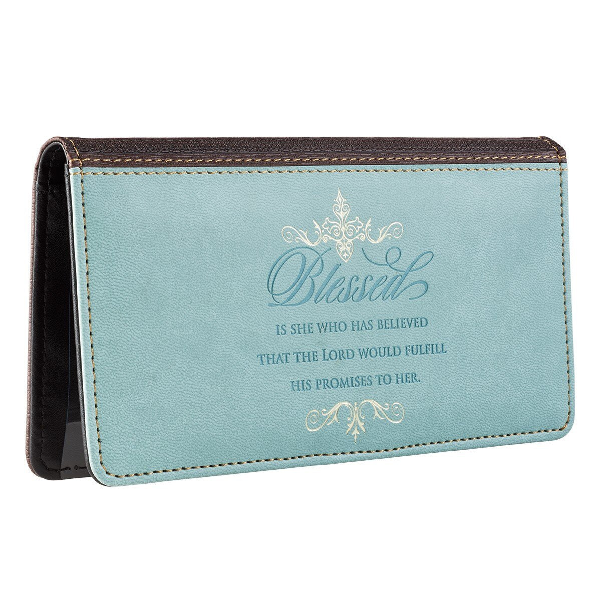 Checkbook wallet blue/brown Blessed is She Luke 1:45. Card holder, Purse, Checkbook Ladies Purse