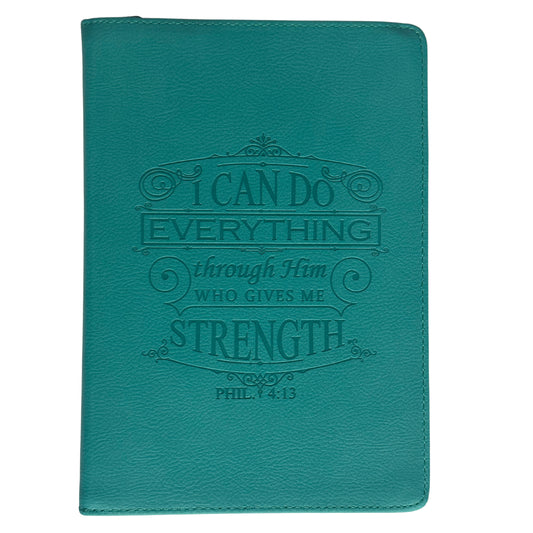 I Can Do Everything Zippered Classic Lux Leather Journal In Turquoise - Philippians 4:13