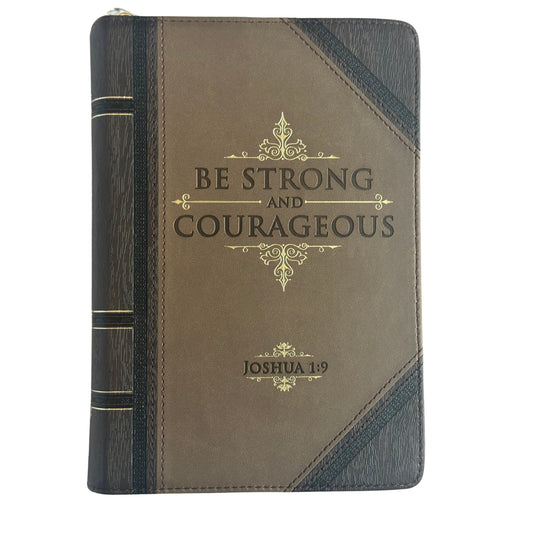 Strong and Courageous Walnut-Brown and Tan Faux Leather Classic Journal with Zipper Closure - Joshua 1:9